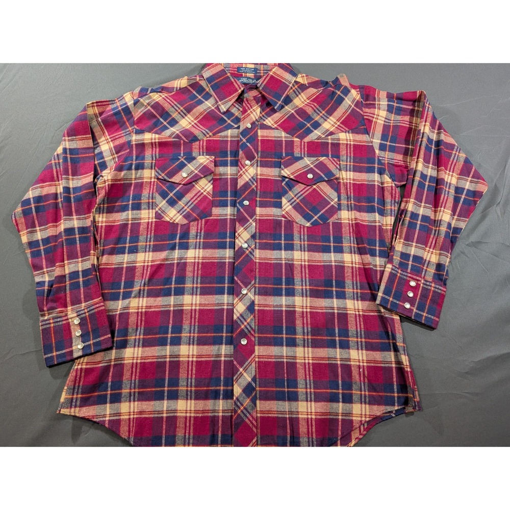 Lariat Mens Large Plaid Flannel Western Pearl Snap Shirt Burgundy Navy Cotton